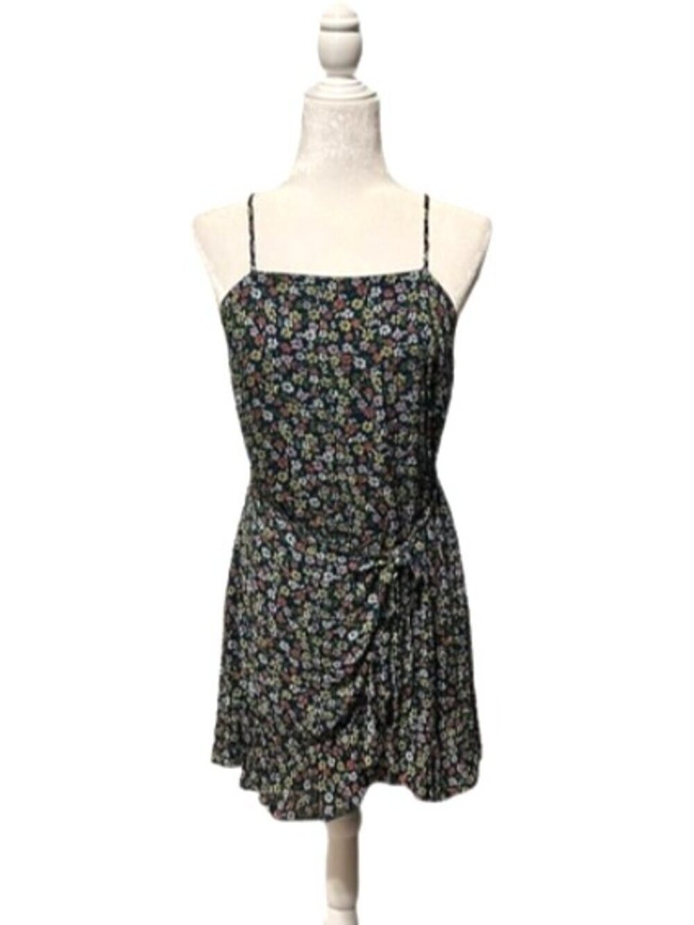 Altar'd State Floral Mini Dress Dark Blue/Green Floral Faux Wrap Bottom Ruffle L
